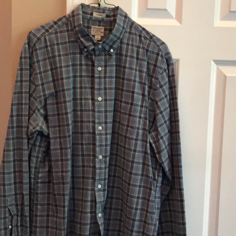 J Crew Classic Blue/Tan/Orange Plaid Shirt